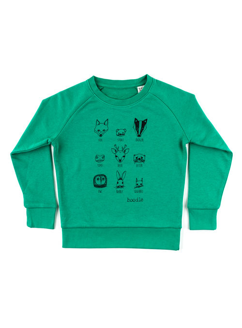 Kids animal sweater. Teal organic sweater with 9 animals printed with black ink on top. Woodland animals featuring a fox, badger, squirrel, deer, frog, otter, owl, hare,