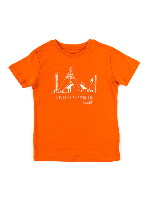 Kids orange T-shirt featuring 2 foxes going camping with the text 'Lets go on an adventure' afterwards
