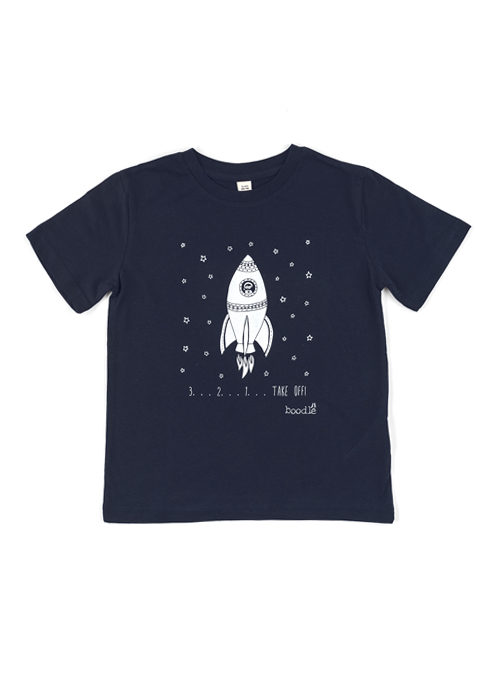 Navy blue kids T-shirt featuring a rocket with an astraunaut with the text '3. . 2. .1 . . take off' with a white print