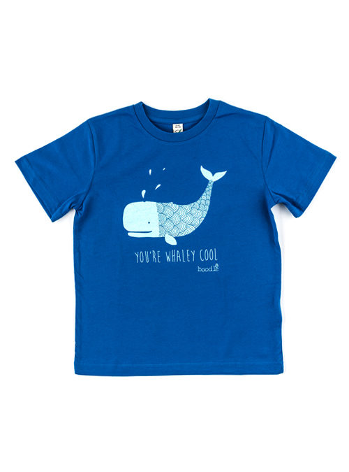 Blue organic cotton T-shirt featuring an illustration of a whale with the words 'You're whaley cool' underneath