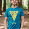 Organic murmuration Mens teal T-shirt featuring birds above a bike