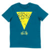 Teal organic T-shrt featuring an illustration of a bike with a murmuration above with a striking yellow traingle as a backdrop.