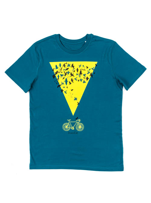 Teal organic T-shrt featuring an illustration of a bike with a murmuration above with a striking yellow traingle as a backdrop.