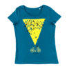 Womens teal organic T-shirt featuring a striking yellow triangle with an illustration of a starling murmuration on top with a bike below.