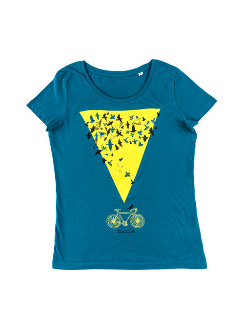 Womens teal organic T-shirt featuring a striking yellow triangle with an illustration of a starling murmuration on top with a bike below.