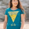Women model wearing Murmuration womens t-shirt. Teal T-shirt featuring a striking yellow triangle with murmuration above and bike below.