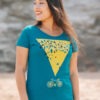 Model wearing Murmuration womens t-shirt. Teal T-shirt featuring a yellow triangle with murmuration on top and a bike below.