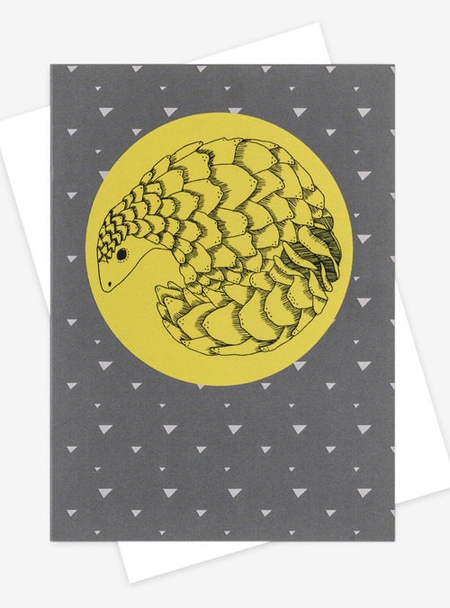 Photo of a Grey pangolin card featuring an illustration of a pangolin on a yellow circle on a grey background