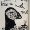close up of puffin lino print