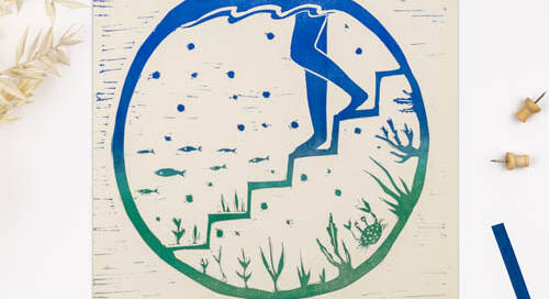 Stepping into the sea. A lino print of someone stepping into the sea/marine lake