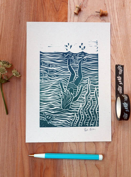 wild swimming lino print