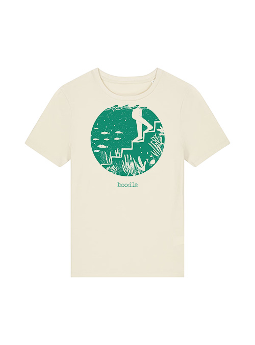 Photo of womens Natural white T-shirt with green graphic of a woman walking down steps to swim