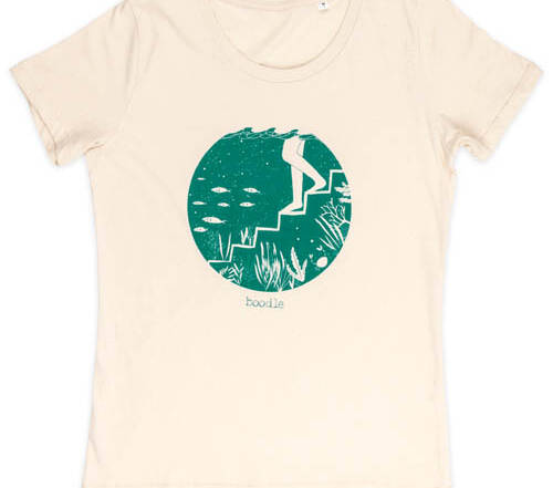 womens t-shirt featuring someone stepping into a marine lake