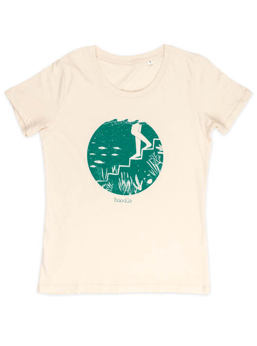 womens t-shirt featuring someone stepping into a marine lake