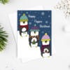 cute card featuring 3 penguins with presents featuring the wording 'Happy flippin Christmas'