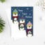 cute card featuring 3 penguins with presents featuring the wording 'Happy flippin Christmas'