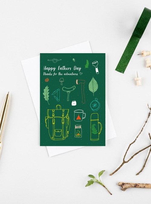 Fathers day card featuring items that help with a good adventure!