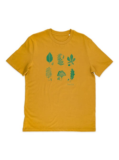 Mens Leaf T-shirt. Mustard yellow T-shirt featuring 6 leaves printed in green ink