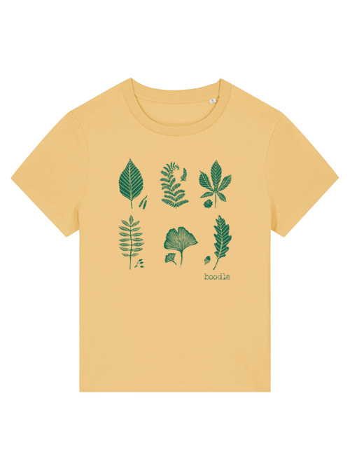 Photo of a flat T-yellow womens T-shirt featuring 6 green leaves