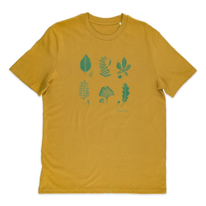 Leaf Mens organic T-shirt, Mustard organic T-shirt featuring 6 varieties of leaf