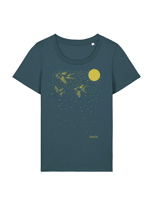 Photo of a blue T-shirt with a yellow design of swallows and a moon