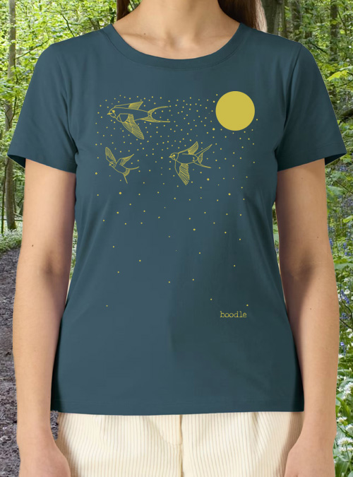 Photo of a womens blue T-shirt with a swallow design