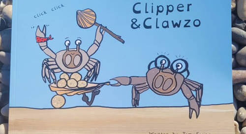 Childrens book 'Clipper & Clawzo" on the beach with pebbles as background