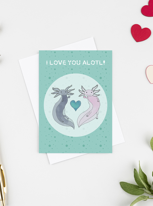 Cute axolotl card featuring a pink and grey axolotl