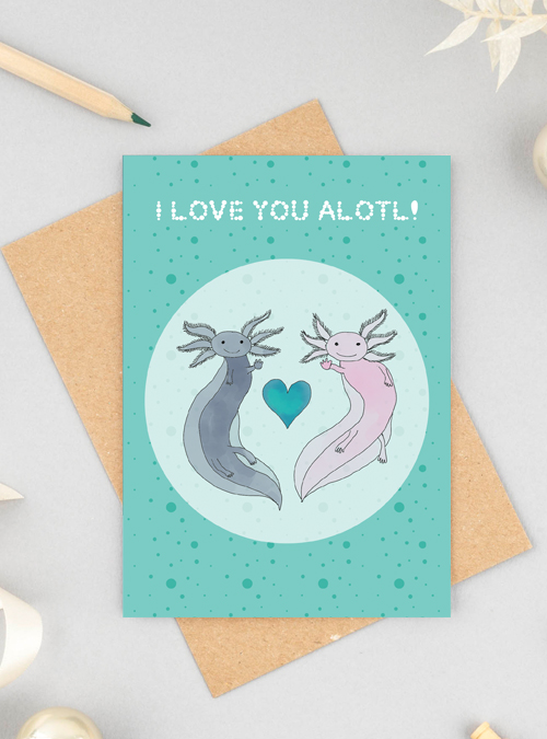 Cute axolotl card featuring a pink and grey axolotl