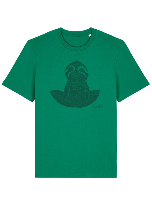 photo of a green mens T-shirt featuring a sloth