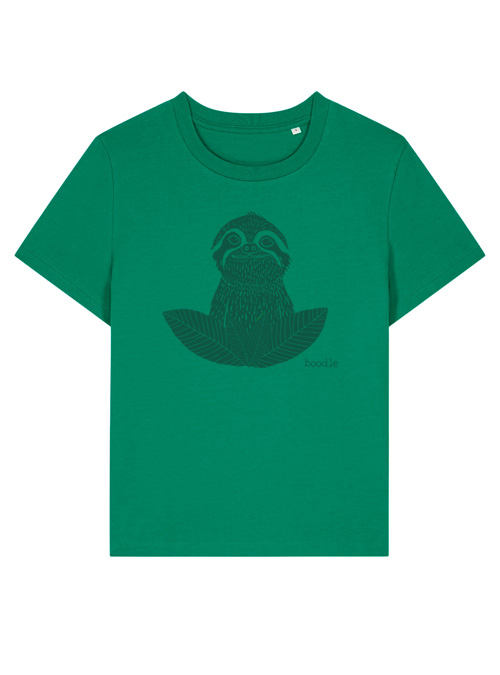 Sloth womens T-shirt-green T-shirt featuring a print of a dark green sloth