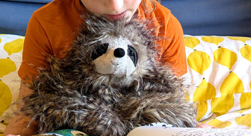 Kid reading Sloth moth book holding a cuddly sloth